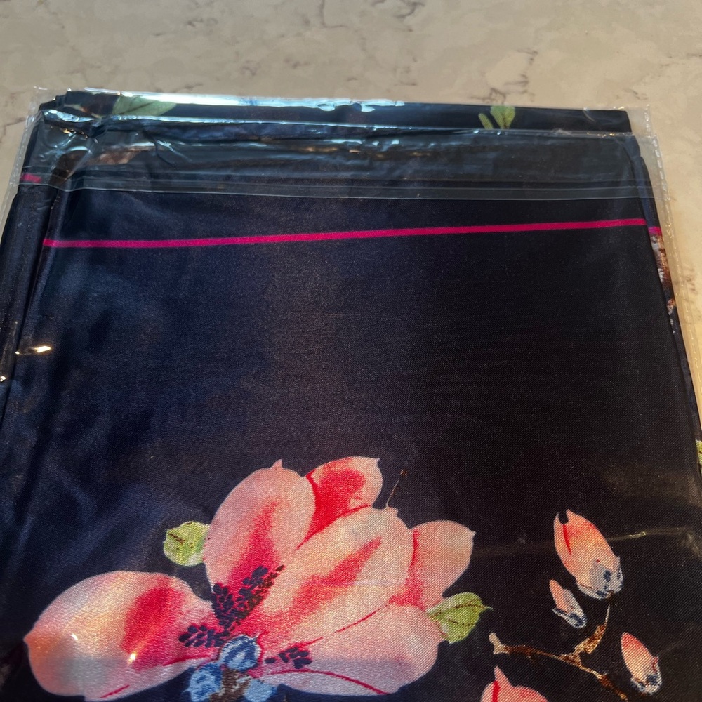 Elegant Navy Floral Satin Scarf - Navy with Pink Floral Accents 35”